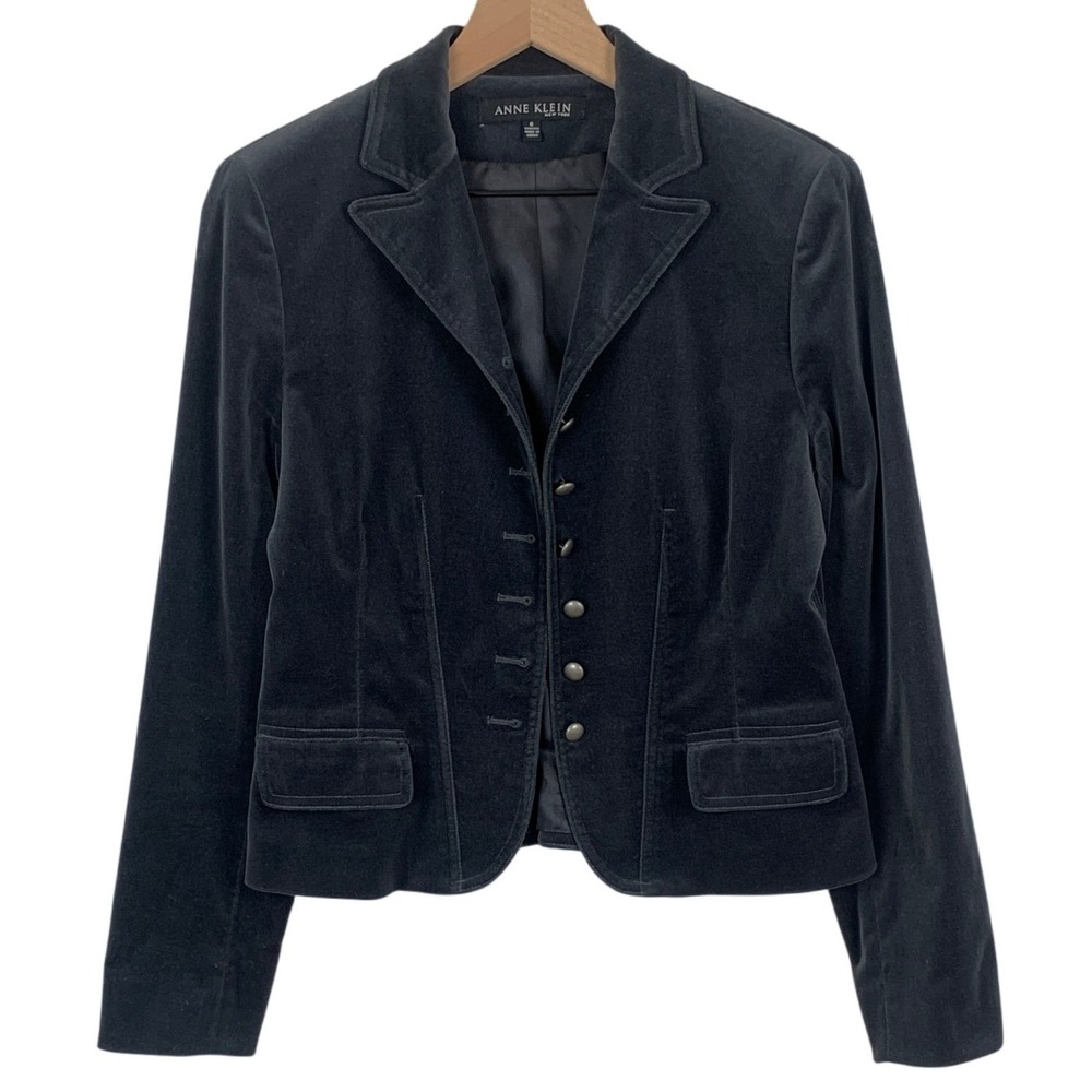 ANNE KLEIN New York Tailored Button Front Velvet Blazer Jacket Sz 6 Grey Stretch